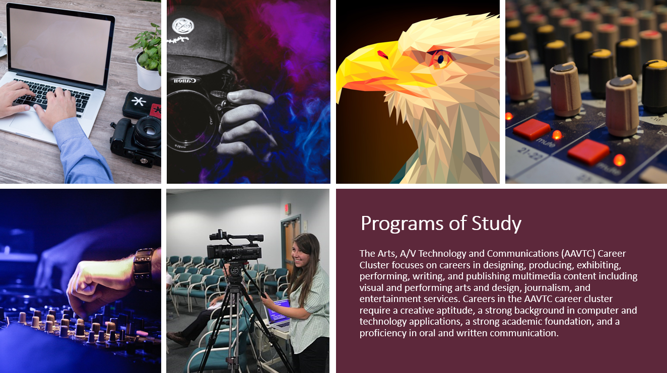 The Arts, A/V Technology and Communications (AAVTC) Career Cluster focuses on careers in designing, producing, exhibiting, performing, writing, and publishing multimedia content including visual and performing arts and design, journalism, and entertainment services. Careers in the AAVTC career cluster require a creative aptitude, a strong background in computer and technology applications, a strong academic foundation, and a proficiency in oral and written communication.