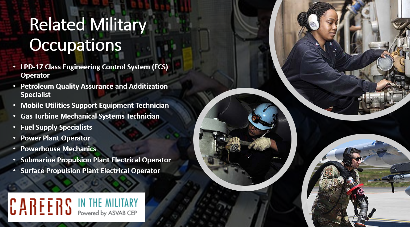 Related Military Occupations: LPD-17 Class Engineering Control System (ECS) Operator Petroleum Quality Assurance and Additization Specialist Mobile Utilities Support Equipment Technician Gas Turbine Mechanical Systems Technician Fuel Supply Specialists  Power Plant Operator Powerhouse Mechanics Submarine Propulsion Plant Electrical Operator Surface Propulsion Plant Electrical Operator
