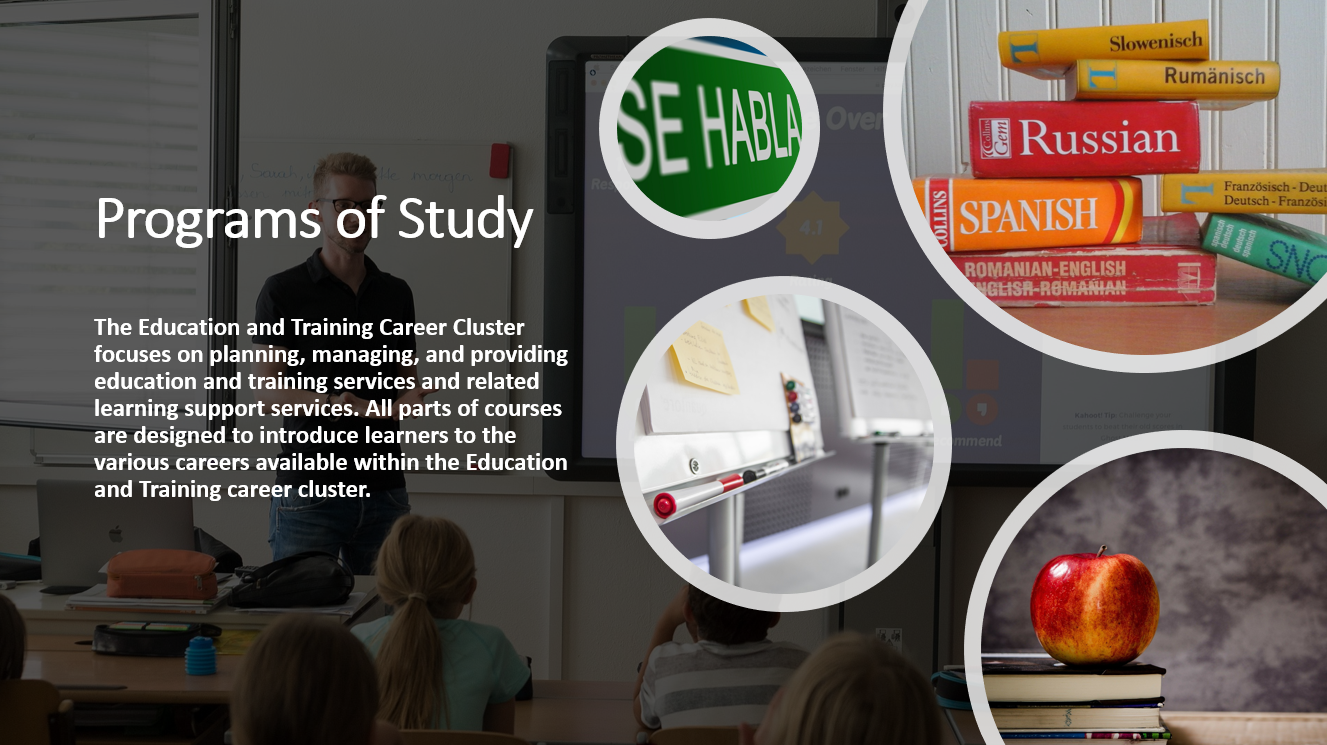 The Education and Training Career Cluster focuses on planning, managing, and providing education and training services and related learning support services. All parts of courses are designed to introduce learners to the various careers available within the Education and Training career cluster.