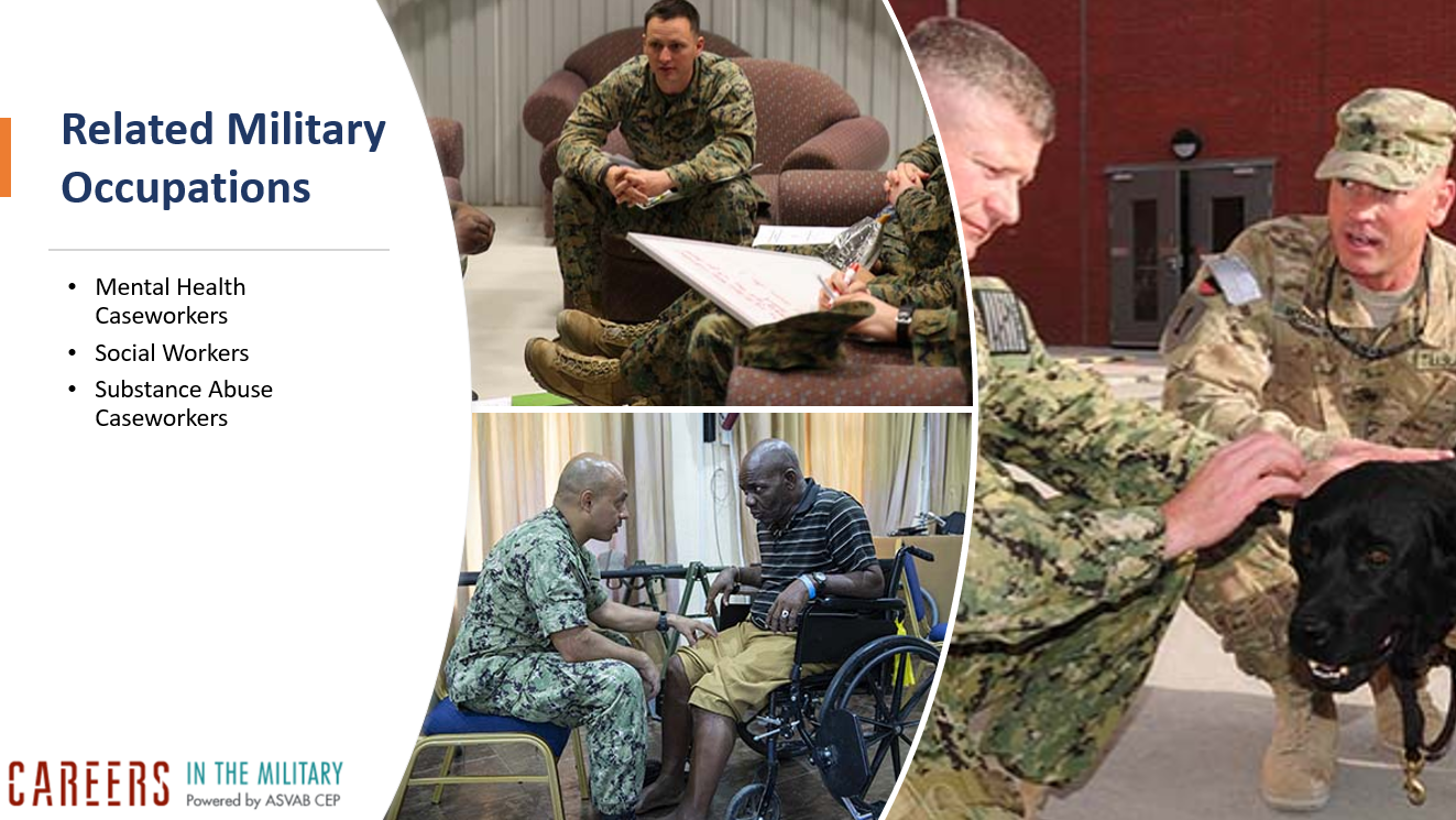 Related Military Occupations: Mental Health Caseworkers Social Workers Substance Abuse Caseworkers