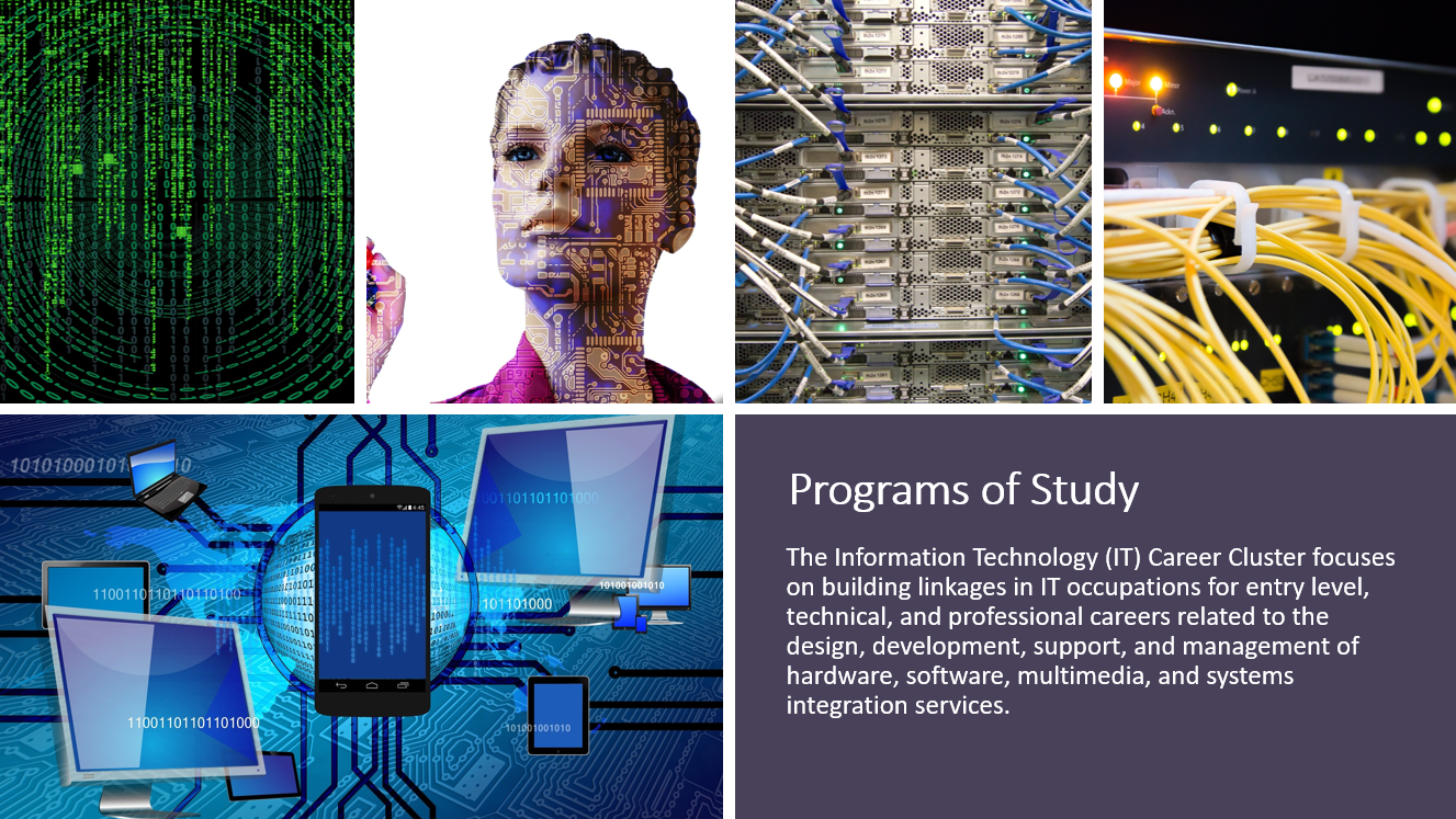 The Information Technology (IT) Career Cluster focuses on building linkages in IT occupations for entry level, technical, and professional careers related to the design, development, support, and management of hardware, software, multimedia, and systems integration services.
