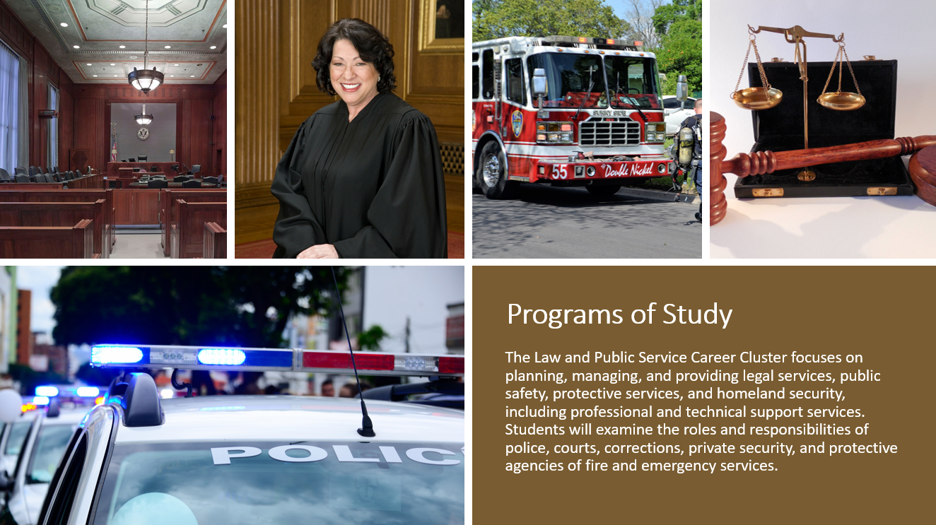 The Law and Public Service Career Cluster focuses on planning, managing, and providing legal services, public safety, protective services, and homeland security, including professional and technical support services. Students will examine the roles and responsibilities of police, courts, corrections, private security, and protective agencies of fire and emergency services.
