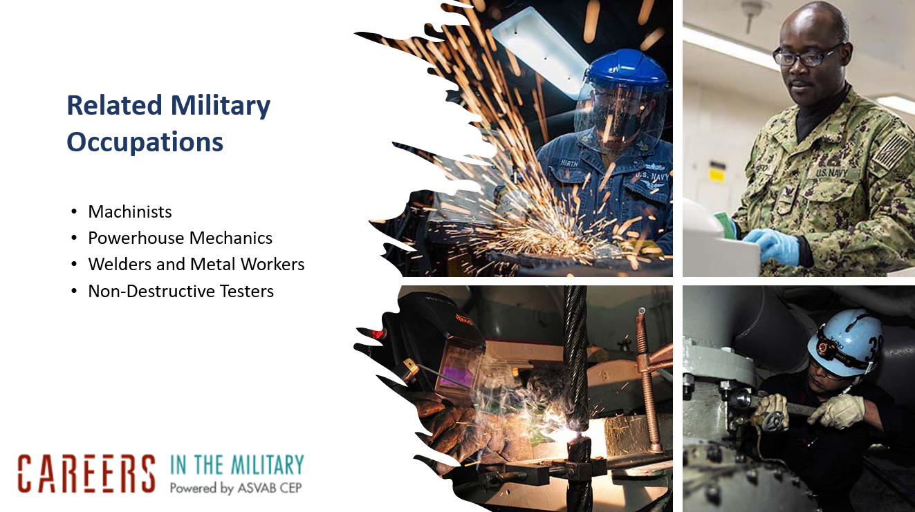 Related Military Occupations: Machinists Powerhouse Mechanics Welders and Metal Workers  Non-Destructive Testers 