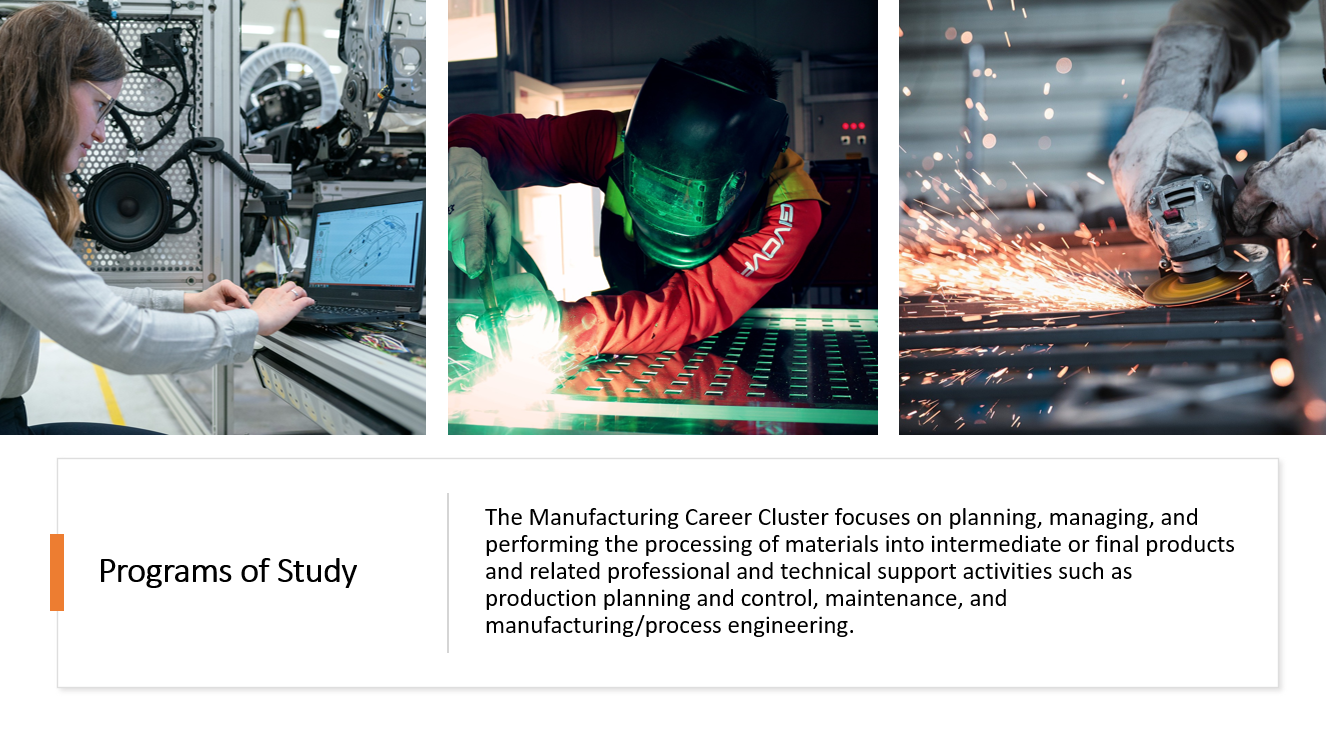 The Manufacturing Career Cluster focuses on planning, managing, and performing the processing of materials into intermediate or final products and related professional and technical support activities such as production planning and control, maintenance, and manufacturing/process engineering.