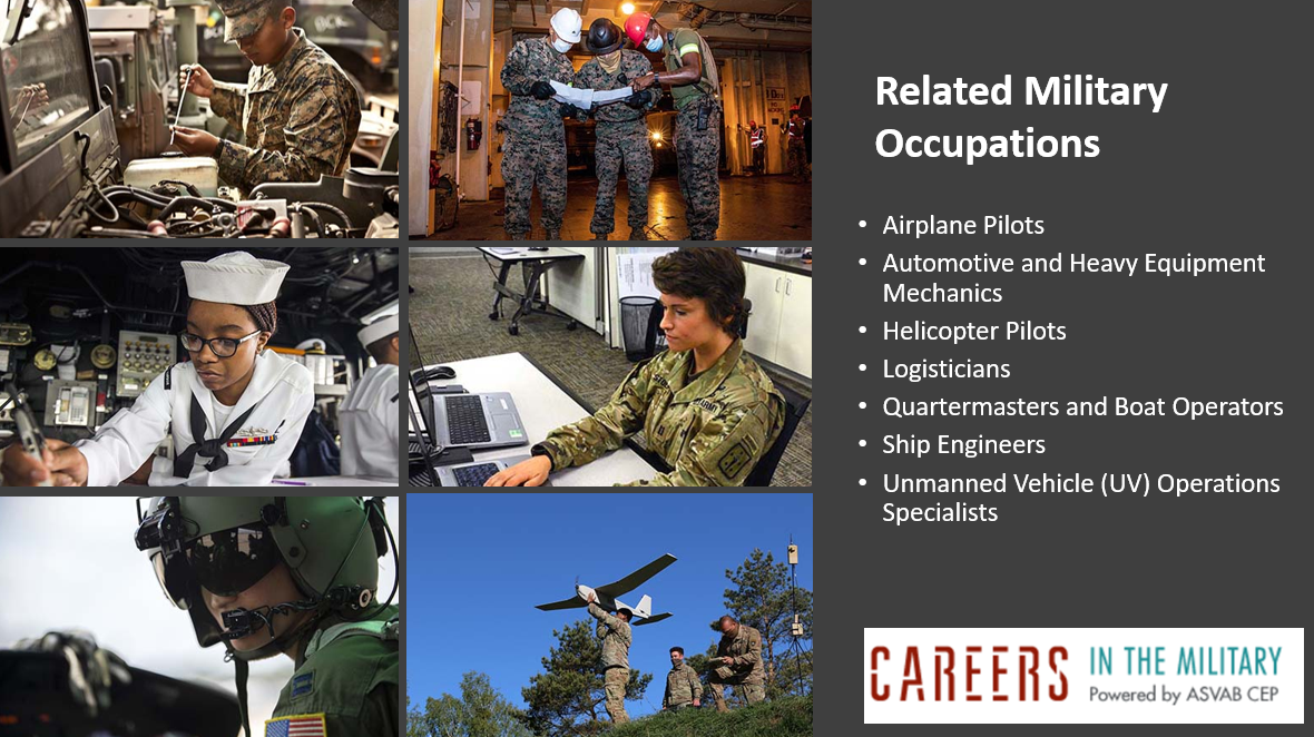 Related Military Occupations: Airplane Pilots Automotive and Heavy Equipment Mechanics  Helicopter Pilots Logisticians Quartermasters and Boat Operators Ship Engineers Unmanned Vehicle (UV) Operations Specialists